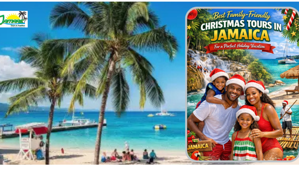 Family enjoying Christmas holiday activities in Jamaica with beach, waterfall and festive island tours
