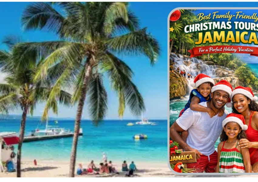 Family enjoying Christmas holiday activities in Jamaica with beach, waterfall and festive island tours